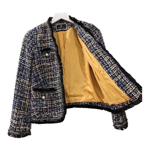 Melanie Lyne Multi-Colored Blue Tweed Open Front Blazer Jacket Frayed Trim Sz 4 - Picture 3 of 7
